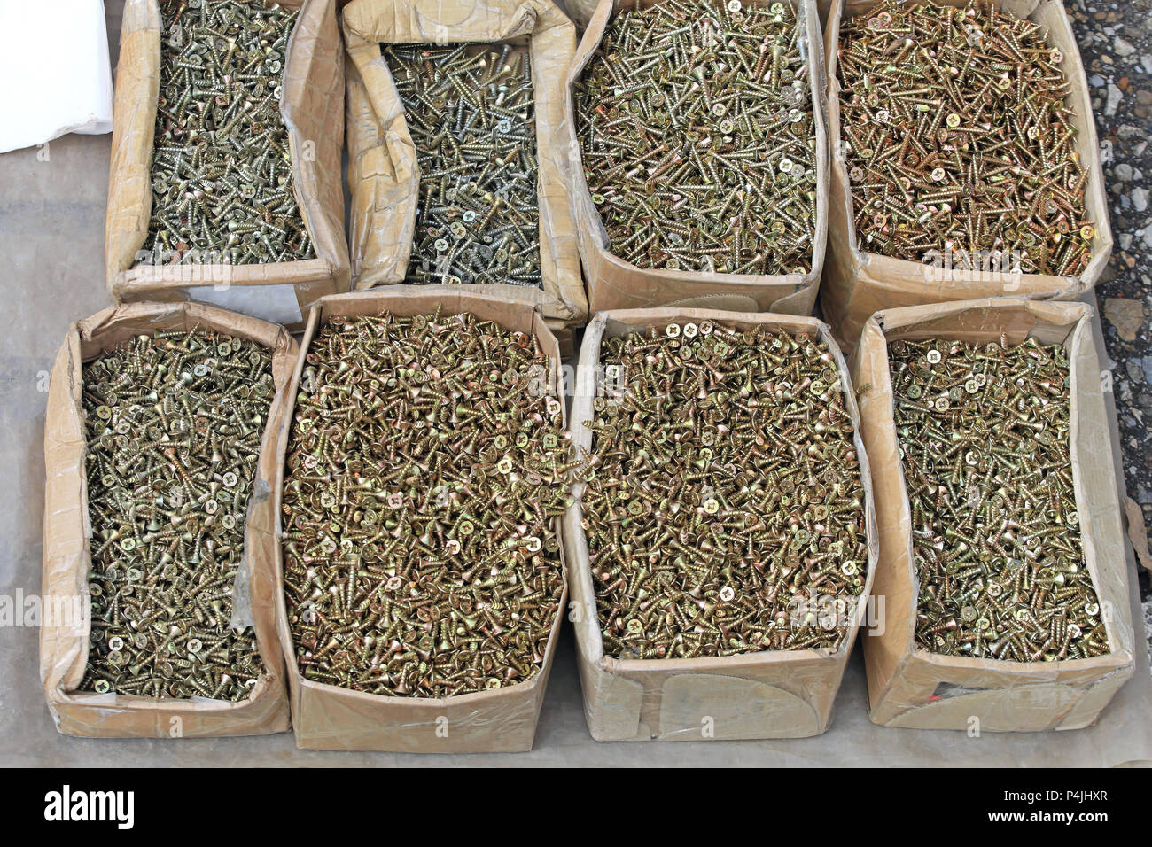 Scatole di viti per legno in hardware shop Foto Stock