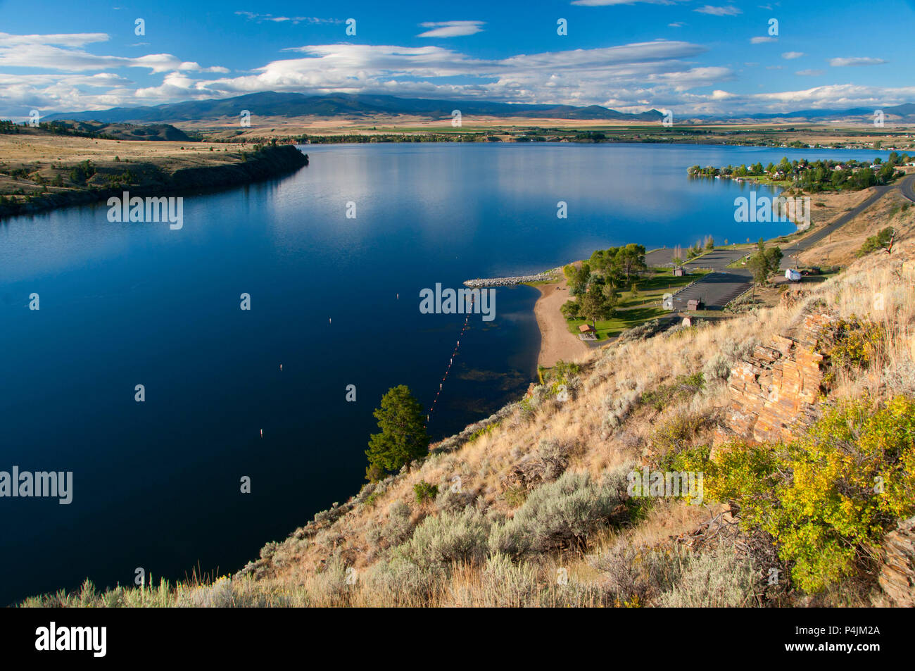 Hauser Lago vista, due campi Vista, Lewis e Clark National Historic Trail, Lewis e Clark County, Montana Foto Stock