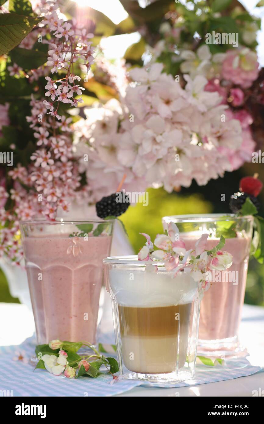 Caffè e cocktail di fragole in giardino Foto Stock