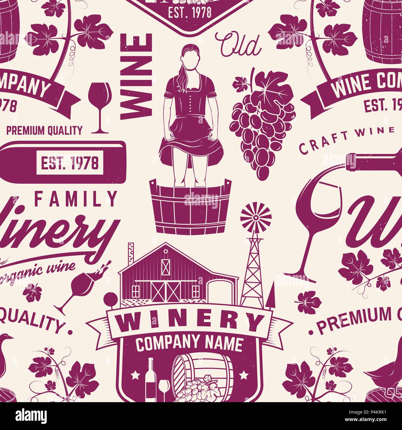 Cantina seamless pattern o sfondo. Illustrazione Vettoriale. Retrò design tipografia per Cantina Azienda, negozi, bar, pub, branding e ristorante business. Sfondo per le schede, i menu relativi al vino Illustrazione Vettoriale