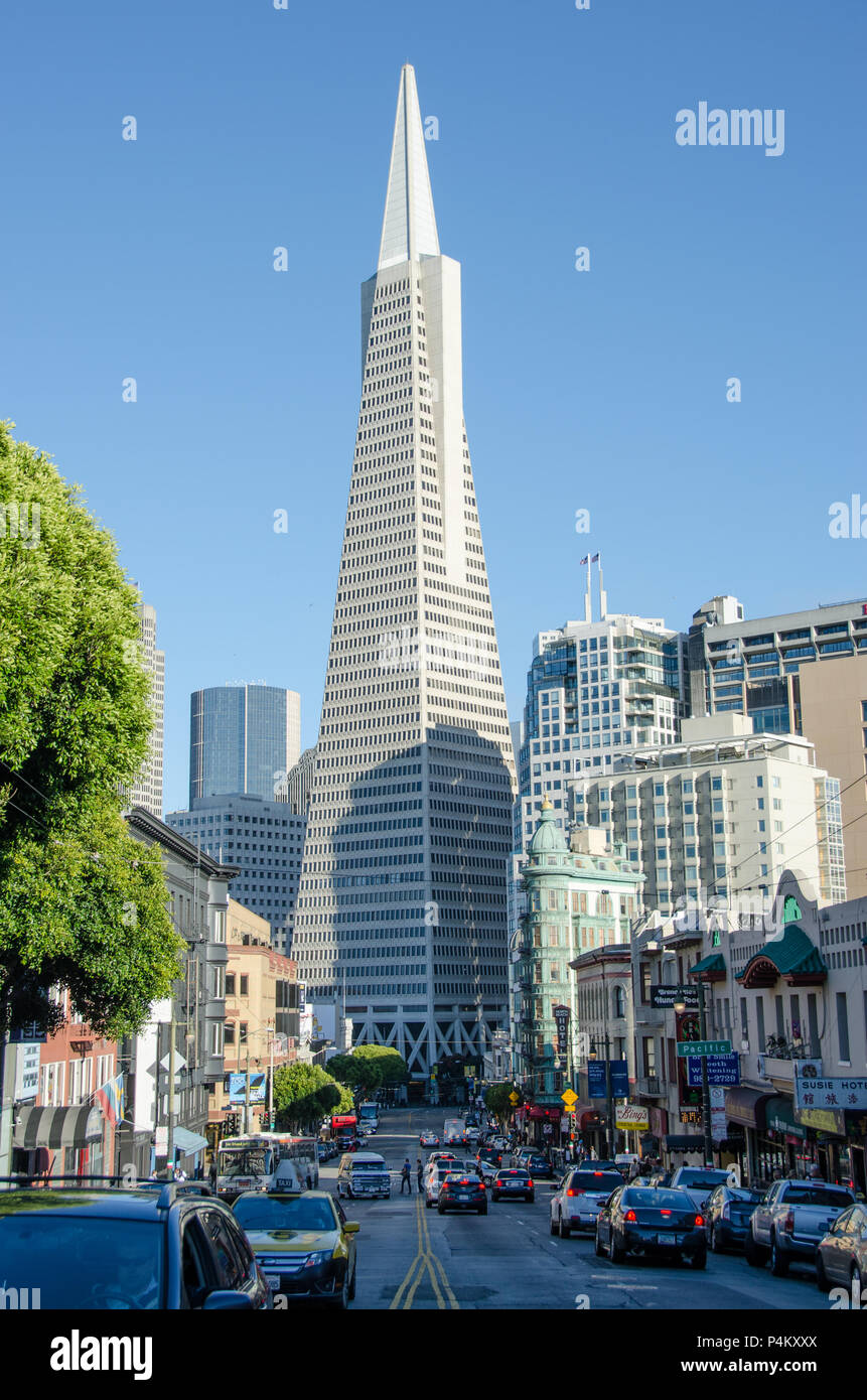 A livello di strada vista della torre di Pryamid o edificio Transamerica Foto Stock