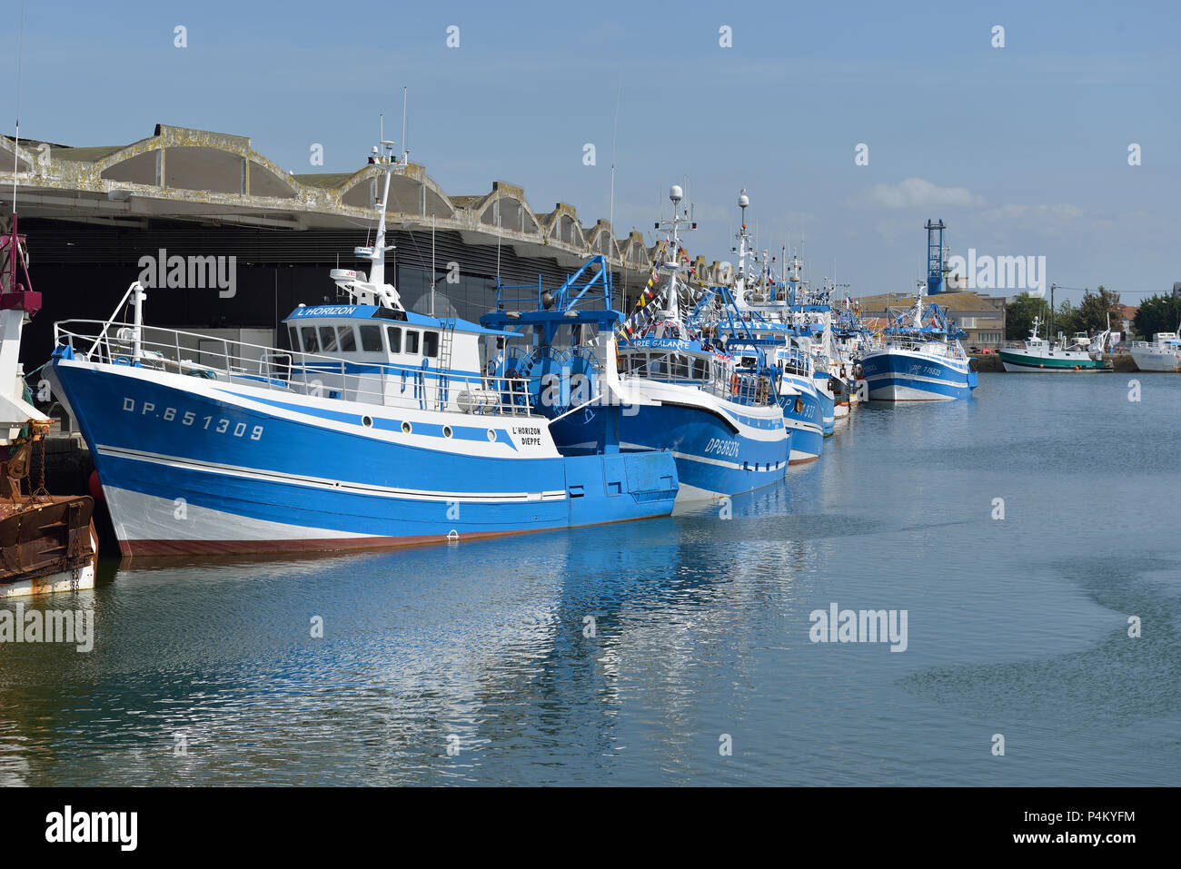 La flotta di pesca addobbate con bunting per la Festa del Mare, Dieppe, Normandia, Francia Foto Stock