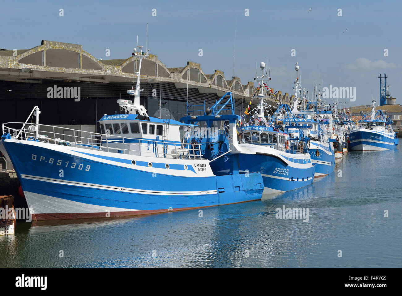 La flotta di pesca addobbate con bunting per la Festa del Mare, Dieppe, Normandia, Francia Foto Stock