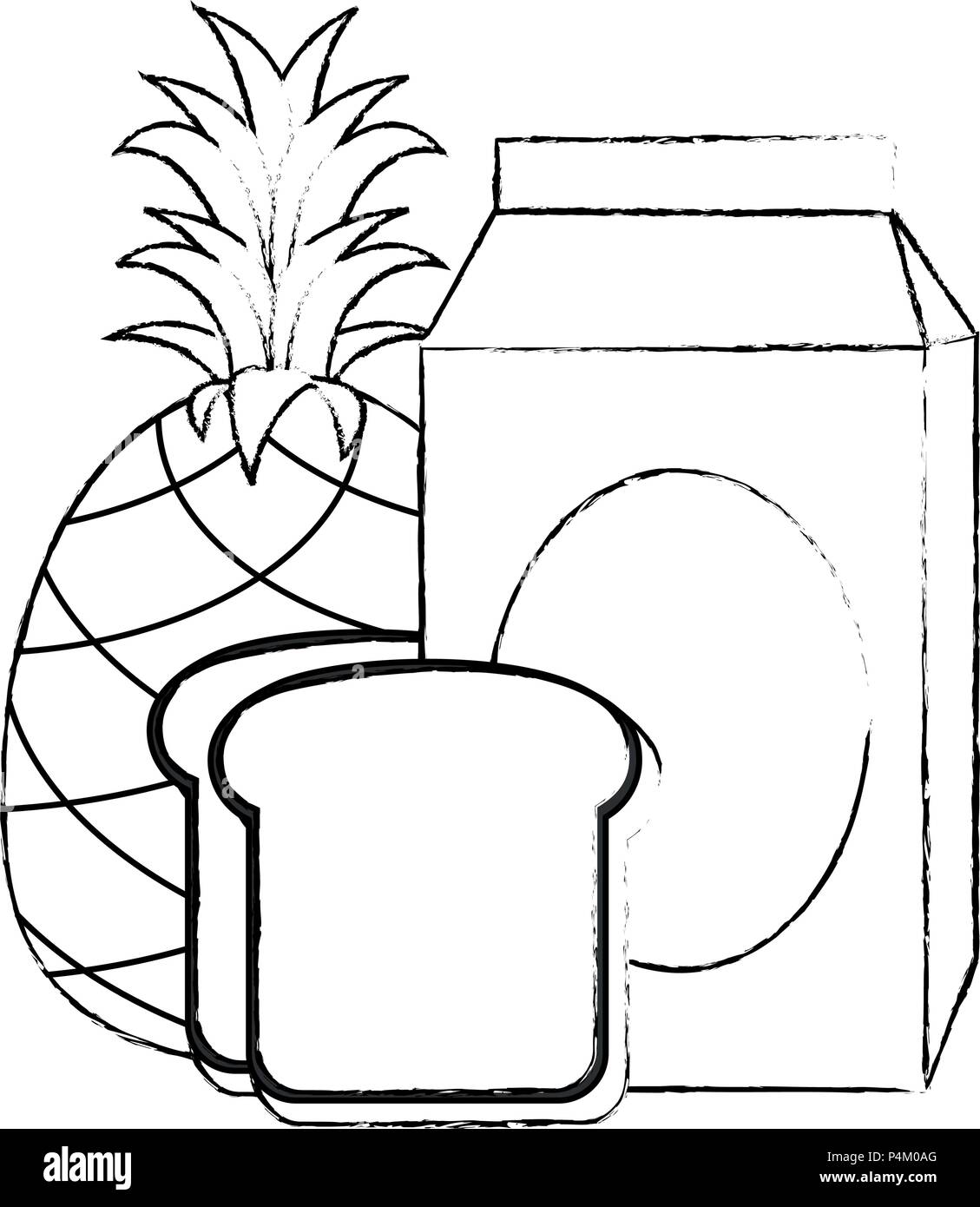 Scatola di latte con pane e frutta Illustrazione Vettoriale