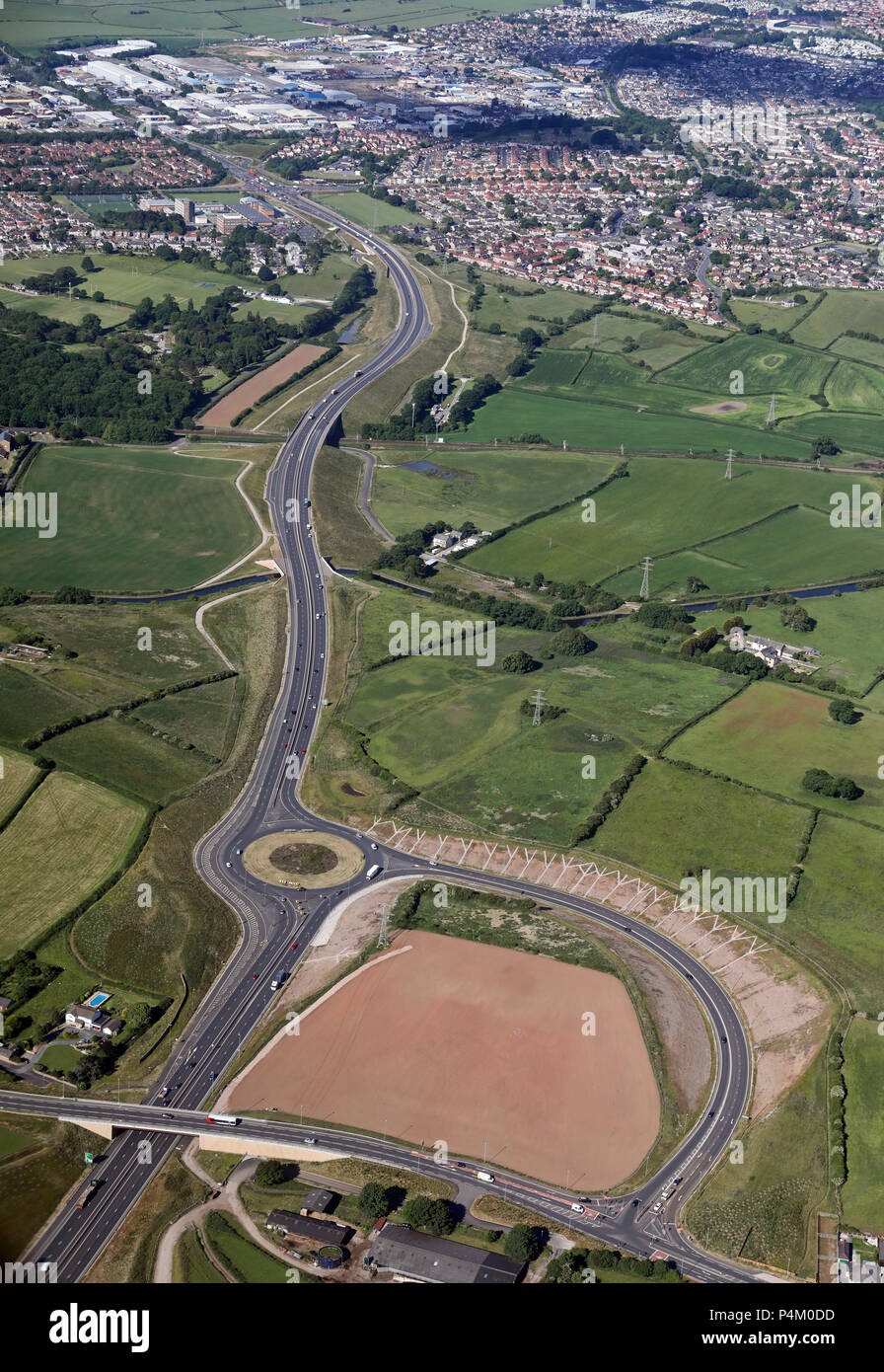 Vista aerea della baia Gateway nuova strada verso Morecambe, Lancashire, Regno Unito Foto Stock