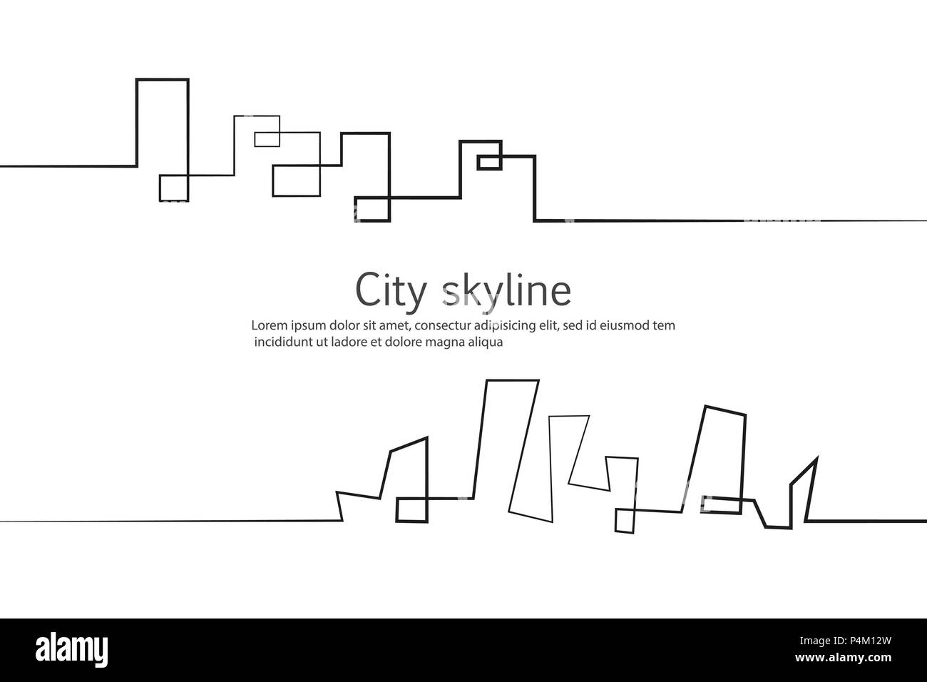 La silhouette della città in un appartamento di stile. Moderno paesaggio urbano. Illustrazioni vettoriali. Città grattacieli Ufficio edilizia orizzonte.rappresentazione in linea continua Illustrazione Vettoriale