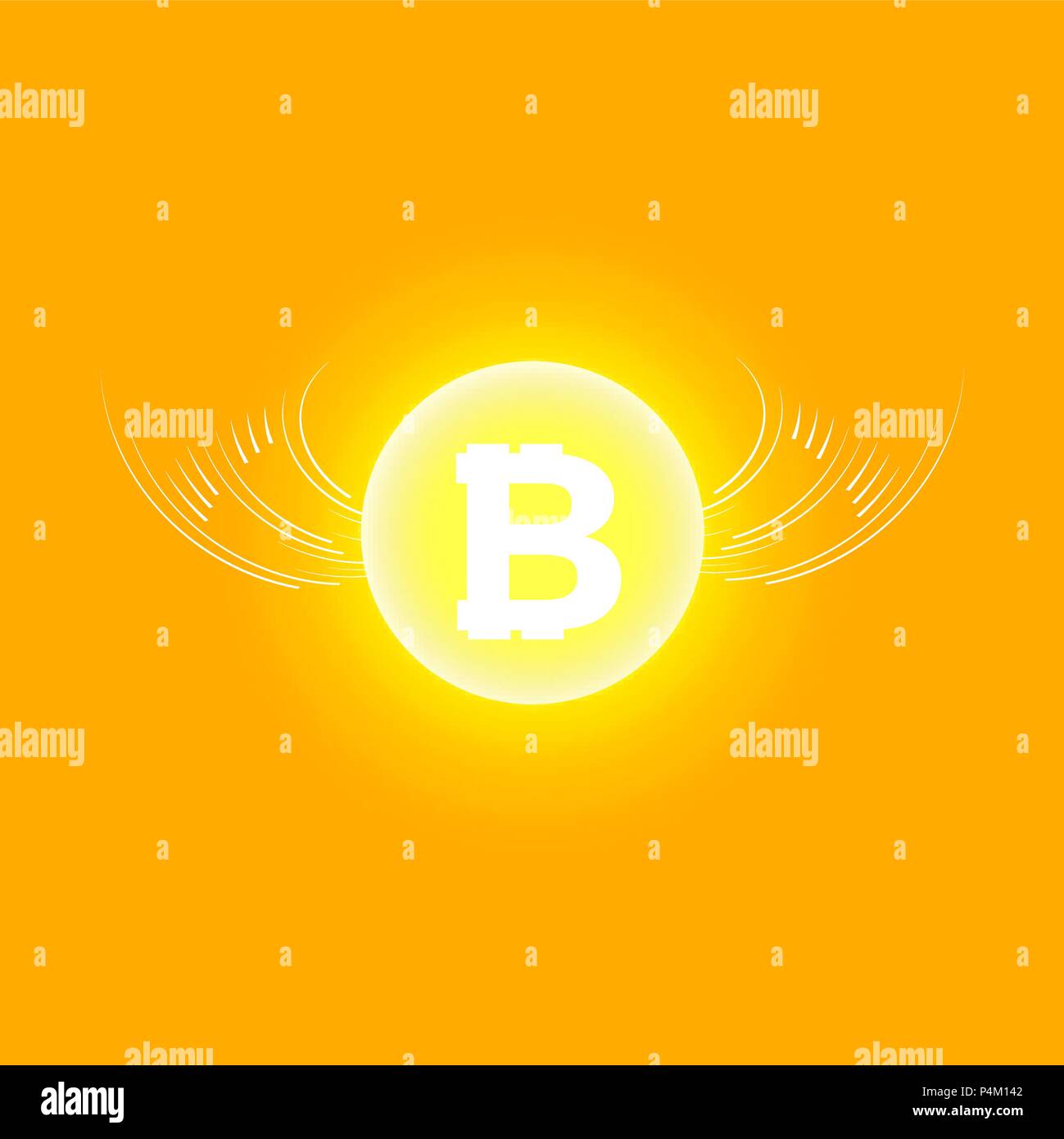 Cripto Bitcoin blockchain valuta. Piatto Bitcoin logo su sfondo arancione. Bitcoin con alette Illustrazione Vettoriale