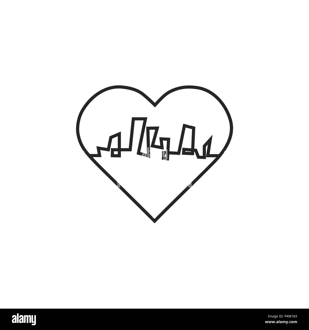 La silhouette della città e nel cuore e amore in continuo le linee di disegno in un appartamento di stile. Moderno paesaggio urbano. Illustrazioni vettoriali. Città grattacieli Ufficio edilizia orizzonte.rappresentazione in linea continua Illustrazione Vettoriale