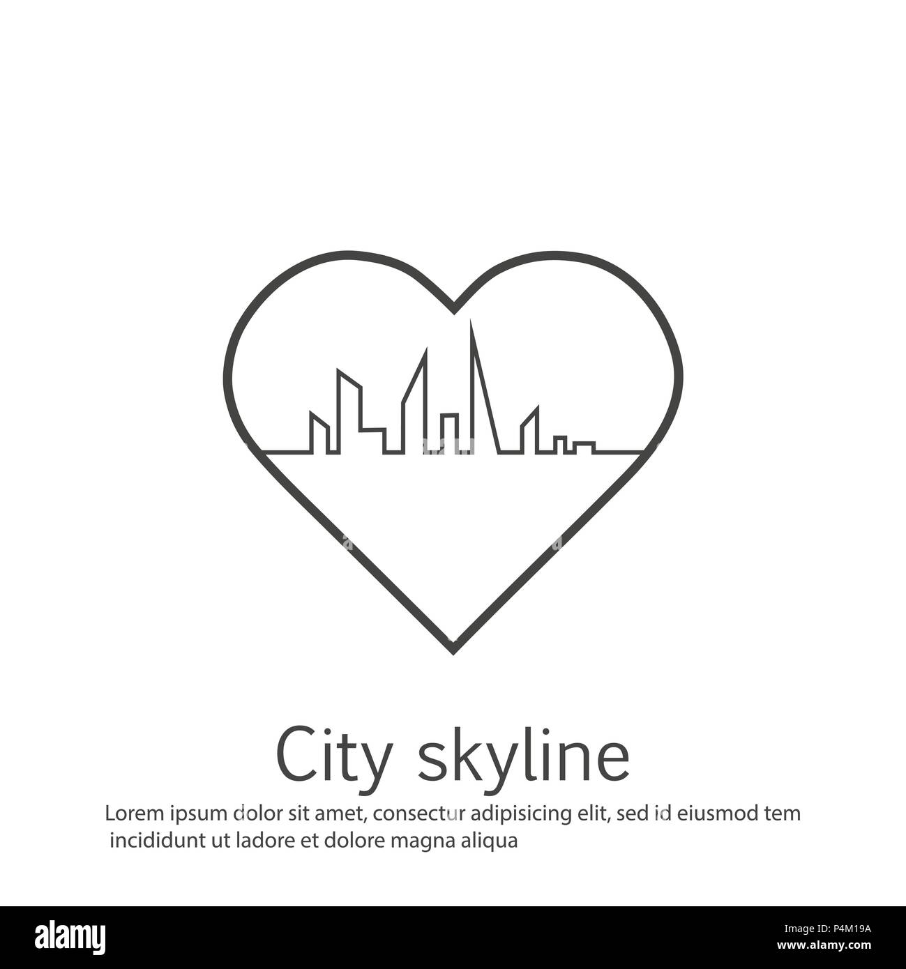 La silhouette della città e nel cuore e amore in continuo le linee di disegno in un appartamento di stile. Moderno paesaggio urbano. Illustrazioni vettoriali. Città grattacieli Ufficio edilizia orizzonte.rappresentazione in linea continua Illustrazione Vettoriale