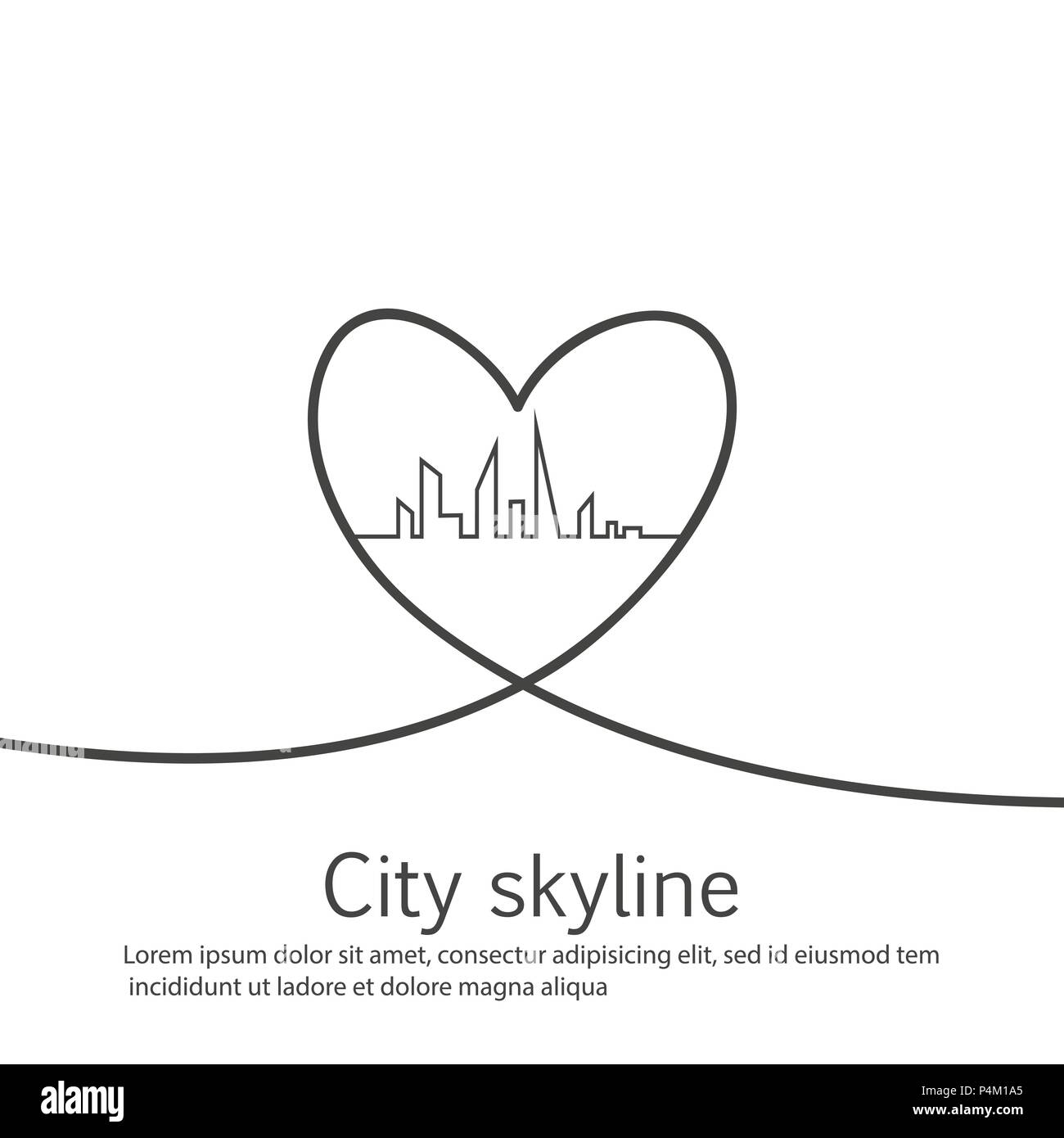 La silhouette della città e nel cuore e amore in continuo le linee di disegno in un appartamento di stile. Moderno paesaggio urbano. Illustrazioni vettoriali. Città grattacieli Ufficio edilizia orizzonte.rappresentazione in linea continua Illustrazione Vettoriale