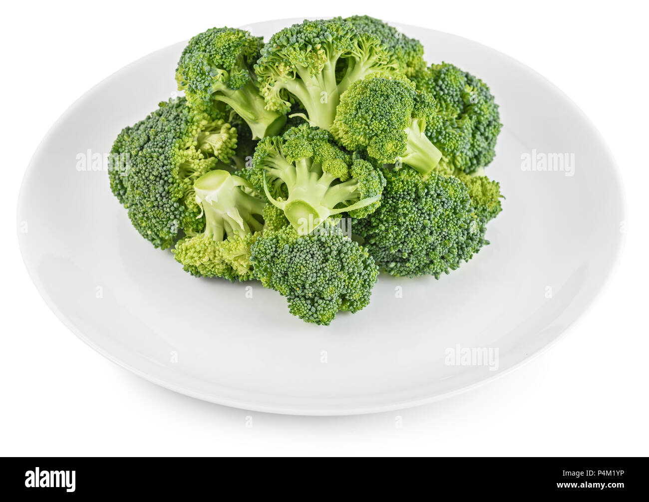 Materie vegetali di broccoli sulla piastra isolata su sfondo bianco. Foto Stock