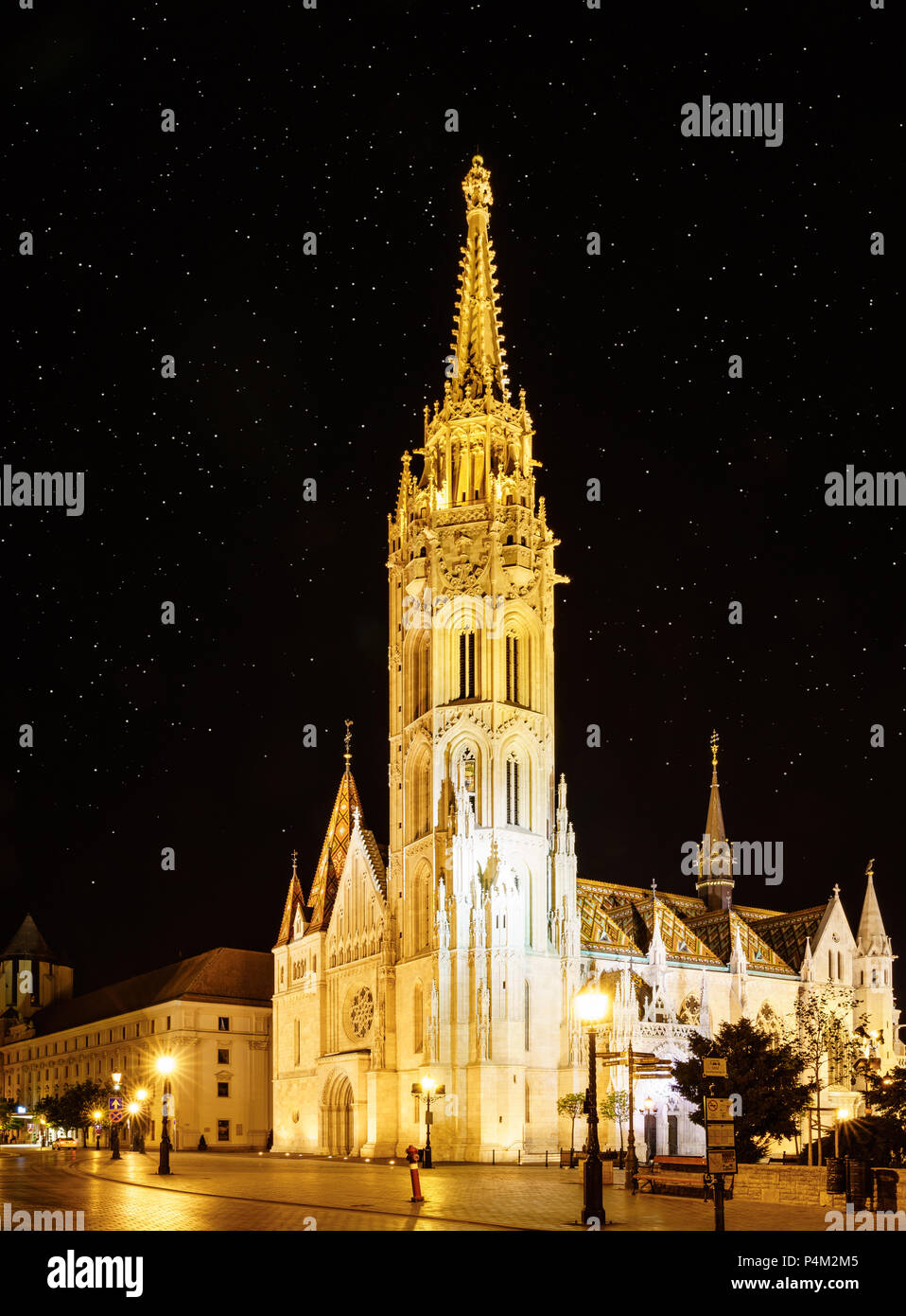 Vista notturna della chiesa di San Mattia a Budapest, Ungheria Foto Stock