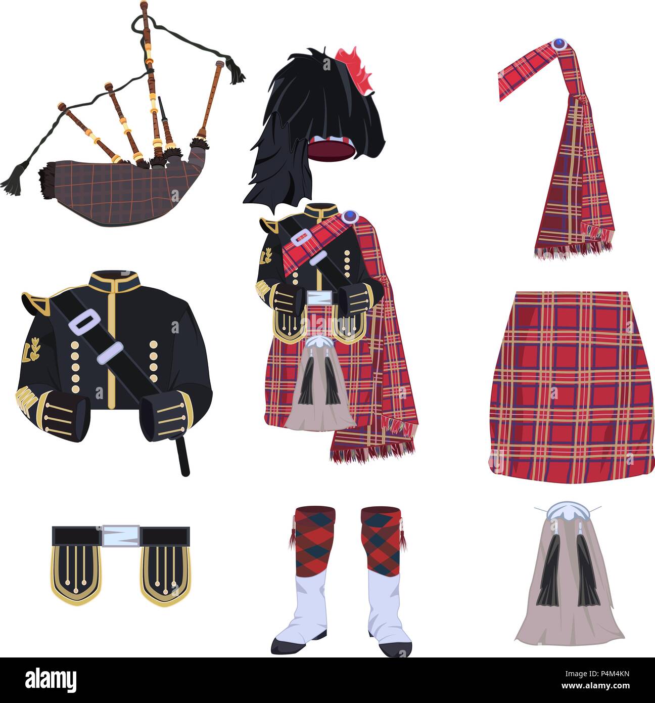 Scottish abiti tradizionali zampogne icone vettoriali Illustrazione Vettoriale