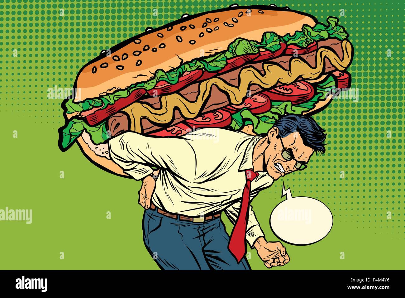 L'uomo porta un enorme hot dog salsiccia con insalata. La Pop art retrò illustrazione vettoriale vintage kitsch disegno Illustrazione Vettoriale
