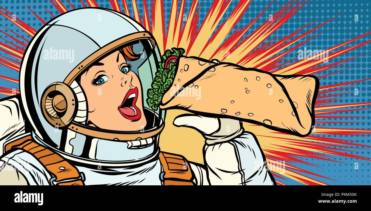 Fame donna astronauta mangiare kebab Döner shawarma. La Pop art retrò illustrazione vettoriale vintage kitsch disegno Illustrazione Vettoriale
