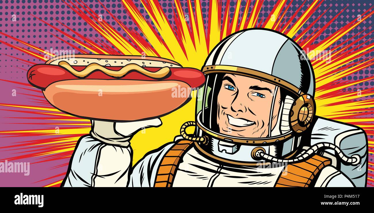 Sorridente astronauta maschio presenta hot dog. La Pop art retrò illustrazione vettoriale vintage kitsch disegno Illustrazione Vettoriale