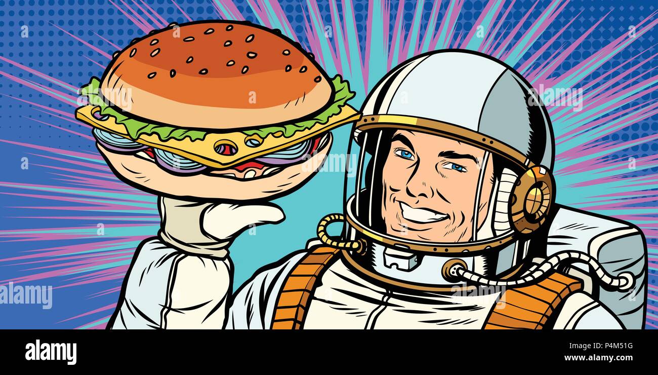 Sorridente astronauta maschio presenta Burger. La Pop art retrò illustrazione vettoriale vintage kitsch disegno Illustrazione Vettoriale