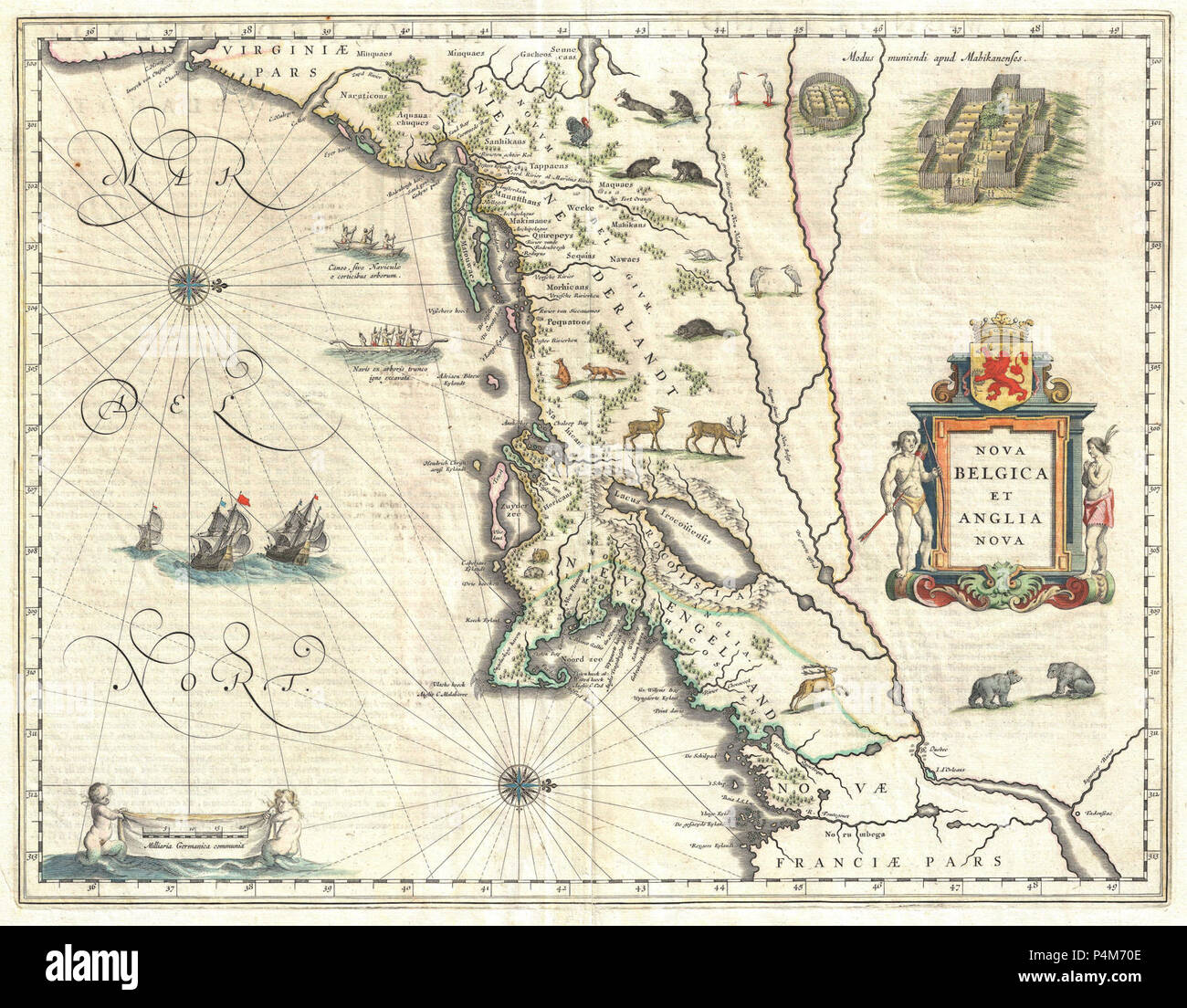 1635 Blaeu Mappa del New England e New York (prima rappresentazione di Manhattan come un'isola) - Geographicus - NovaBelgicaetAngliaNova-blaeu-1635. Foto Stock