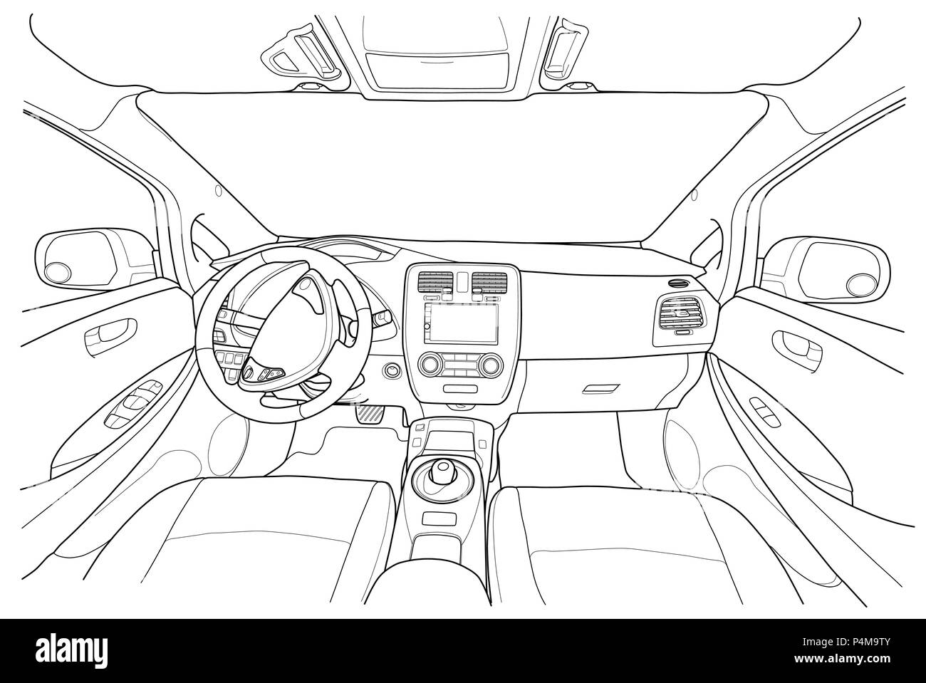 La macchina all'interno. L'interno dell'electromobile veicolo con trasmissione automatica. Illustrazione Vettoriale delle linee. Illustrazione Vettoriale