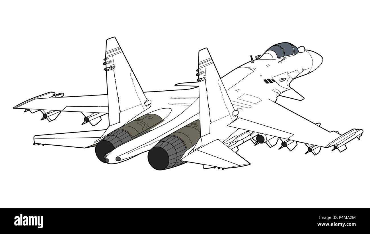 Lo sbarco del nuovissimo russian jet fighter aircraft. Technichal disegnare. Isolato su sfondo bianco. Illustrazione Vettoriale