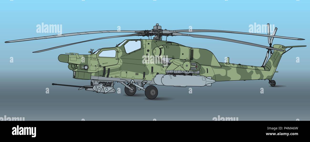 Il russo Air Force Mil Mi 28 Havoc attacco militare elicottero da combattimento in camuffamento battenti dettaglio esterno ampia vista aerea Illustrazione Vettoriale