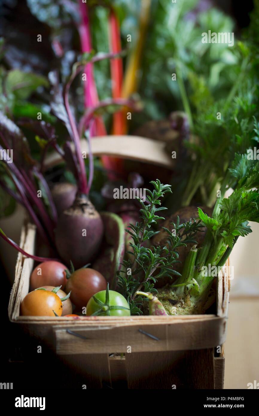 Verdure fresche in un cestello di legno Foto Stock