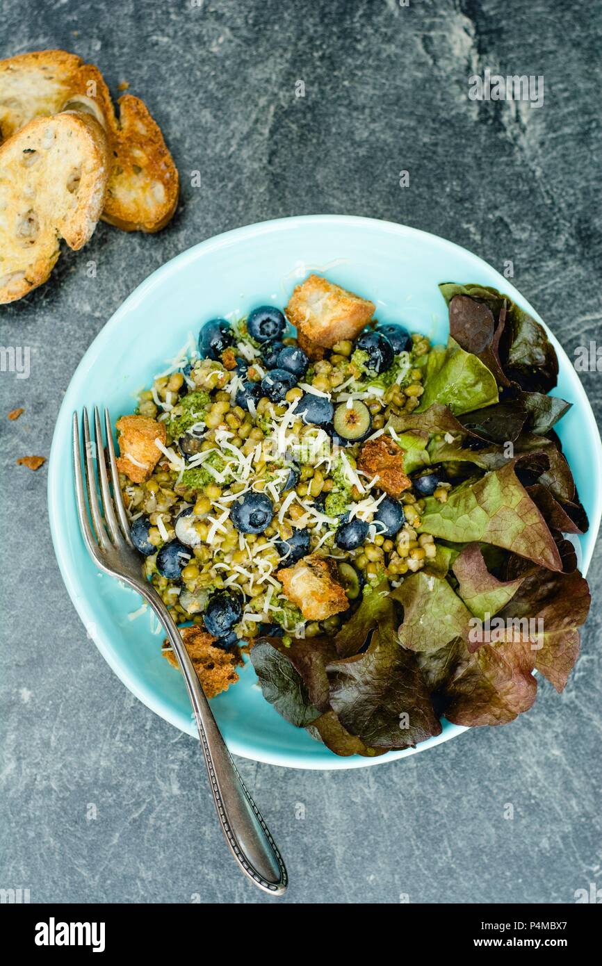 Mung bean insalata con crostini e mirtilli Foto Stock