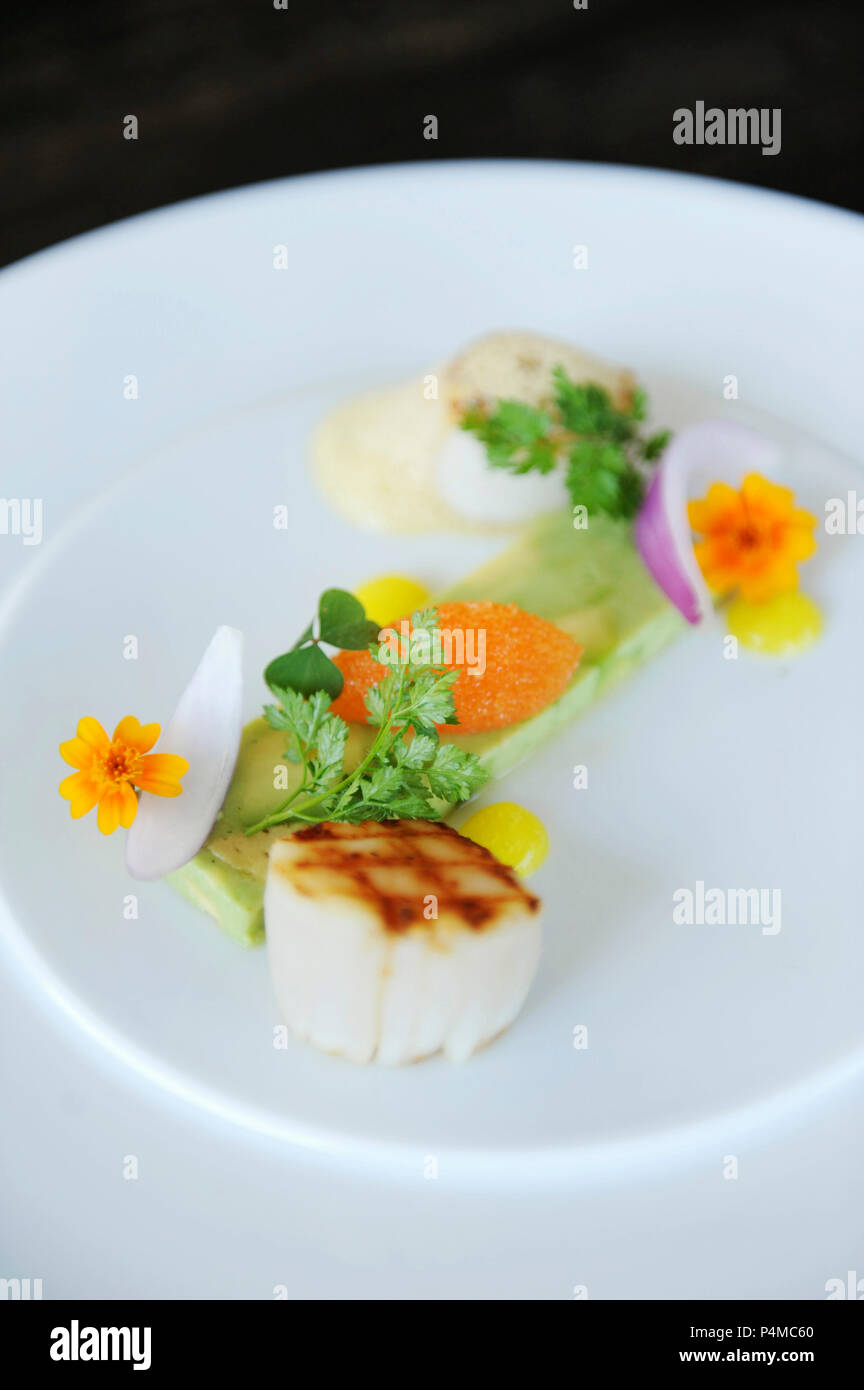 Le capesante alla griglia con erbe aromatiche e fiori commestibili Foto Stock