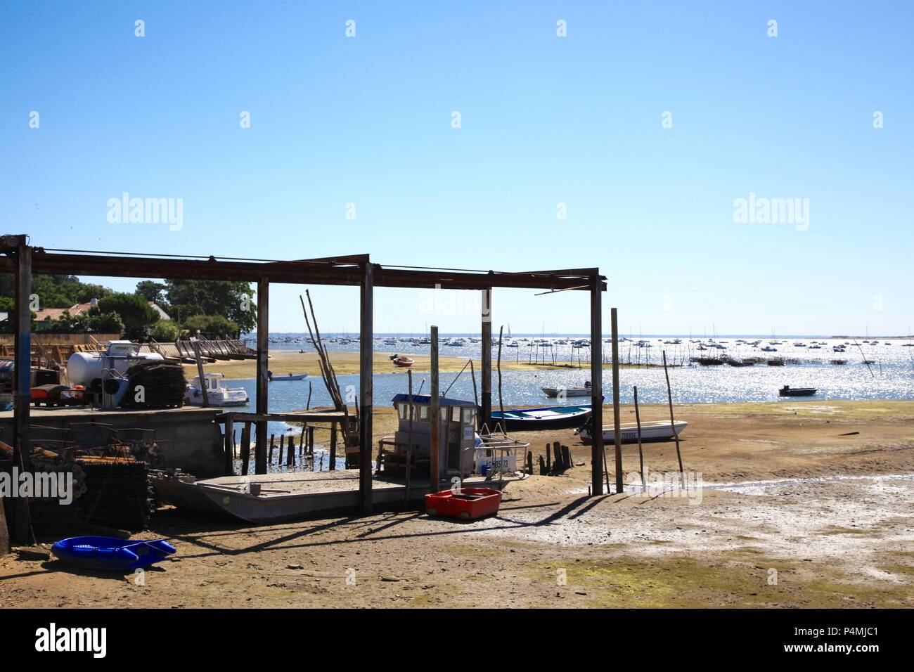 Oyster cultura nel villaggio di Piraillan, Bassin d'Arcachon, Gironde, Francia Foto Stock