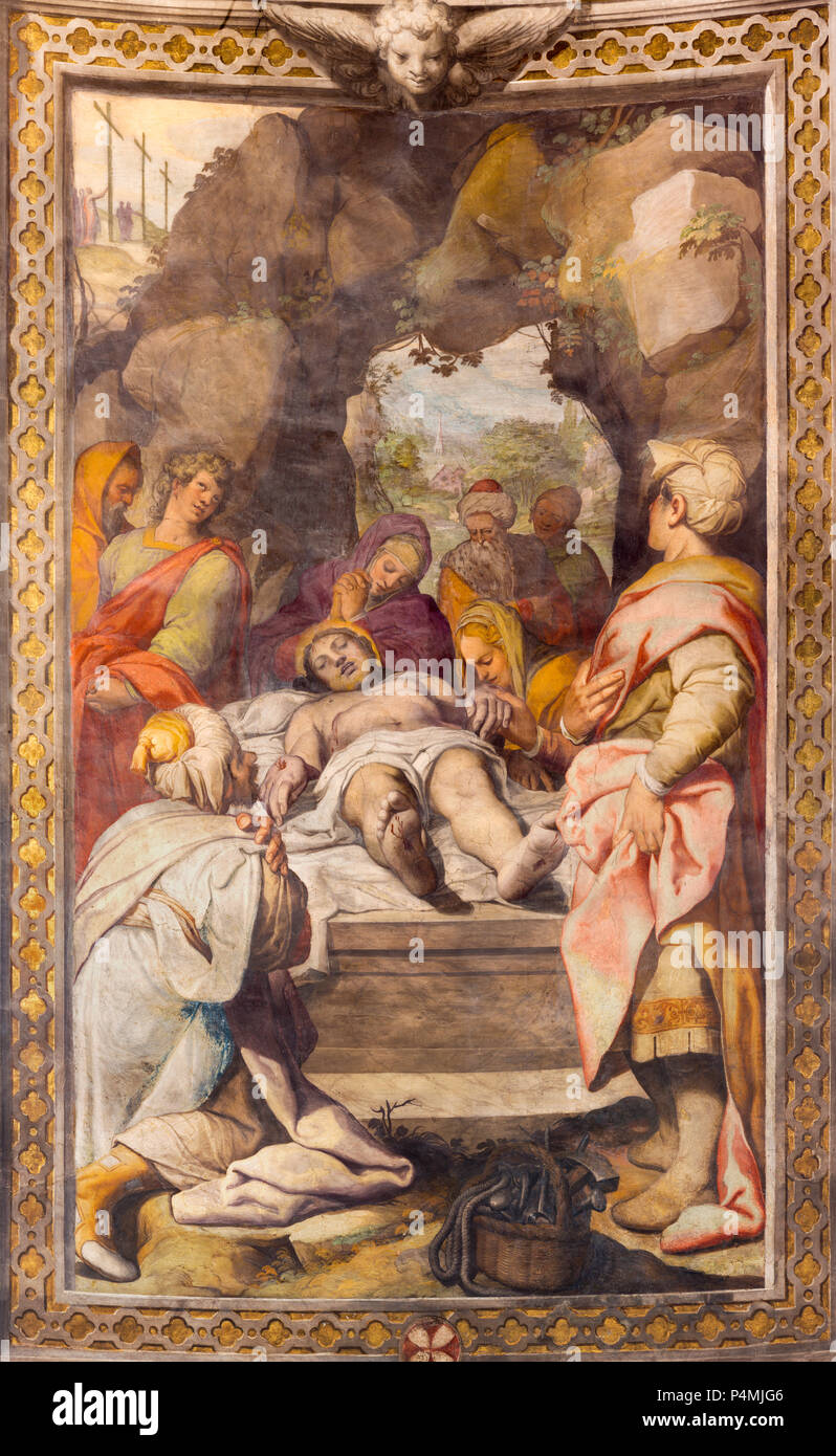 REGGIO EMILIA, Italia - 12 Aprile 2018: l'affresco della sepoltura di Gesù nella Chiesa Basilica di San Prospero di Camillo Procaccini (1585 - 1587). Foto Stock