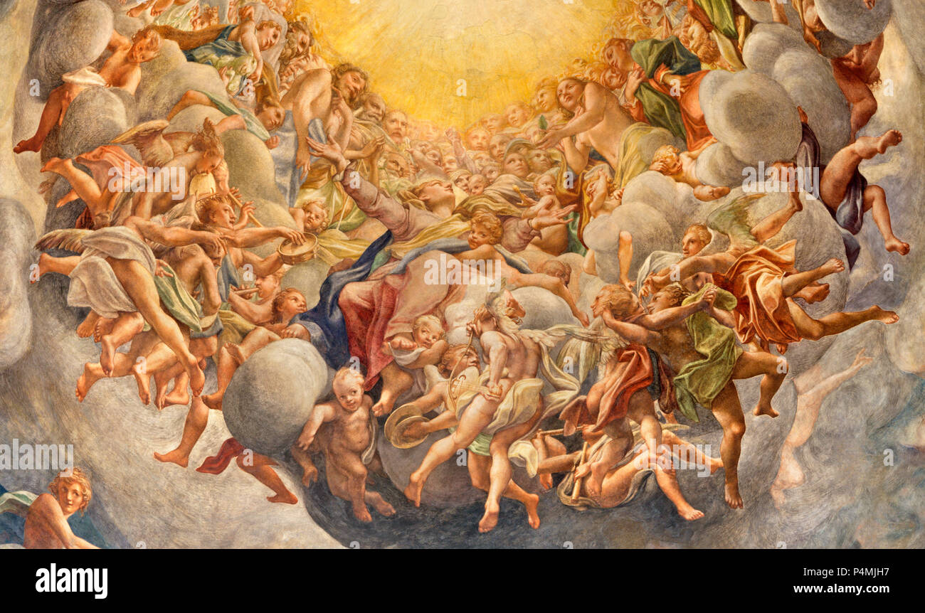 PARMA, Italia - 16 Aprile 2018: l'affresco di Assumpcion della Vergine Maria nella cupola del Duomo di Antonio Allegri (Correggio - 1526-1530). Foto Stock