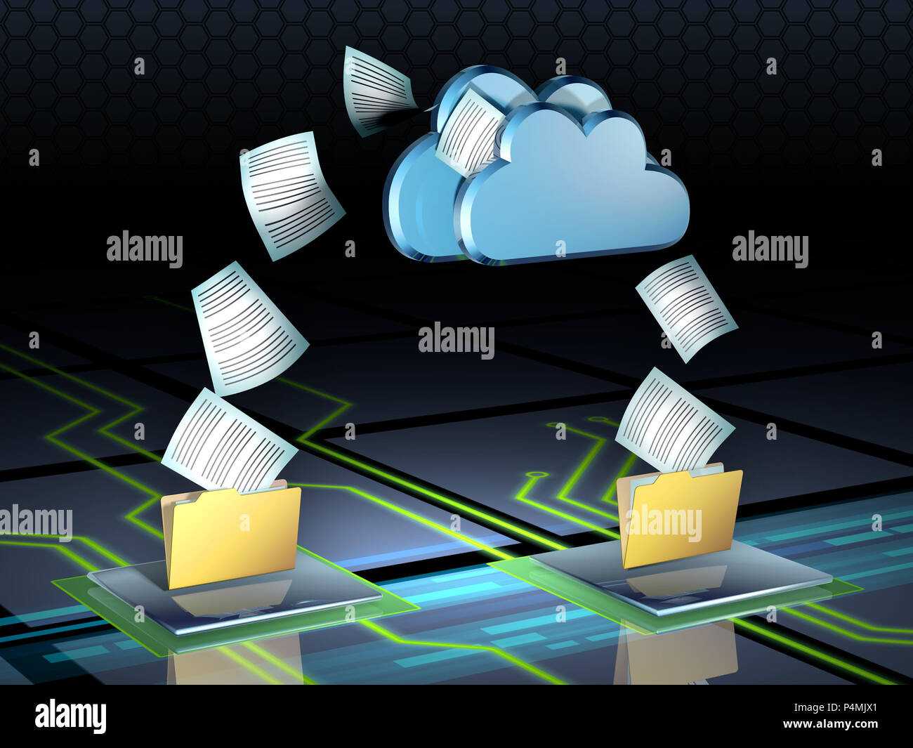 Documenti battenti fuori di alcune cartelle e in un cloud storage system. Illustrazione Digitale. Foto Stock