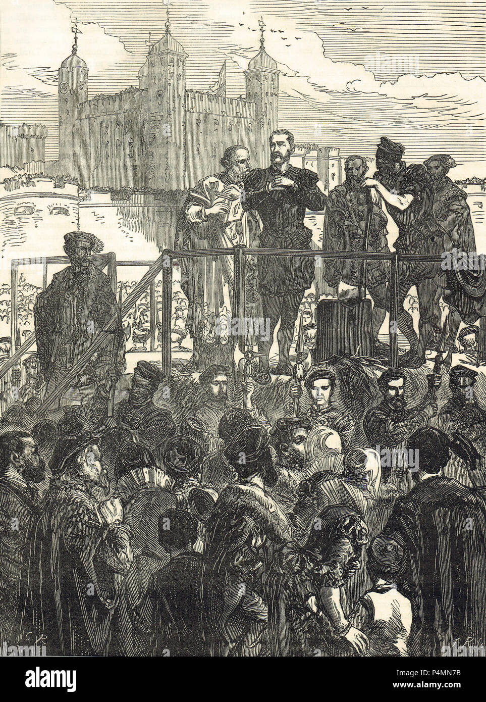 Esecuzione di John Dudley, primo duca di Northumberland, 22 agosto 1553, decapitato a Tower Hill, Londra, dopo aver invano tentato di installare Lady Jane grigio come Regina Foto Stock
