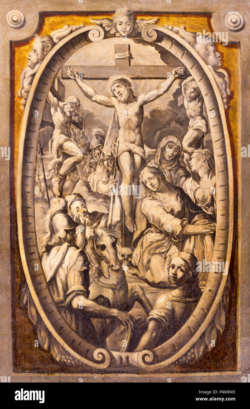 PARMA, Italia - 16 Aprile 2018: l'affresco della Crocifissione nella chiesa basilica di Santa Maria della Steccata da 17. cento. Foto Stock