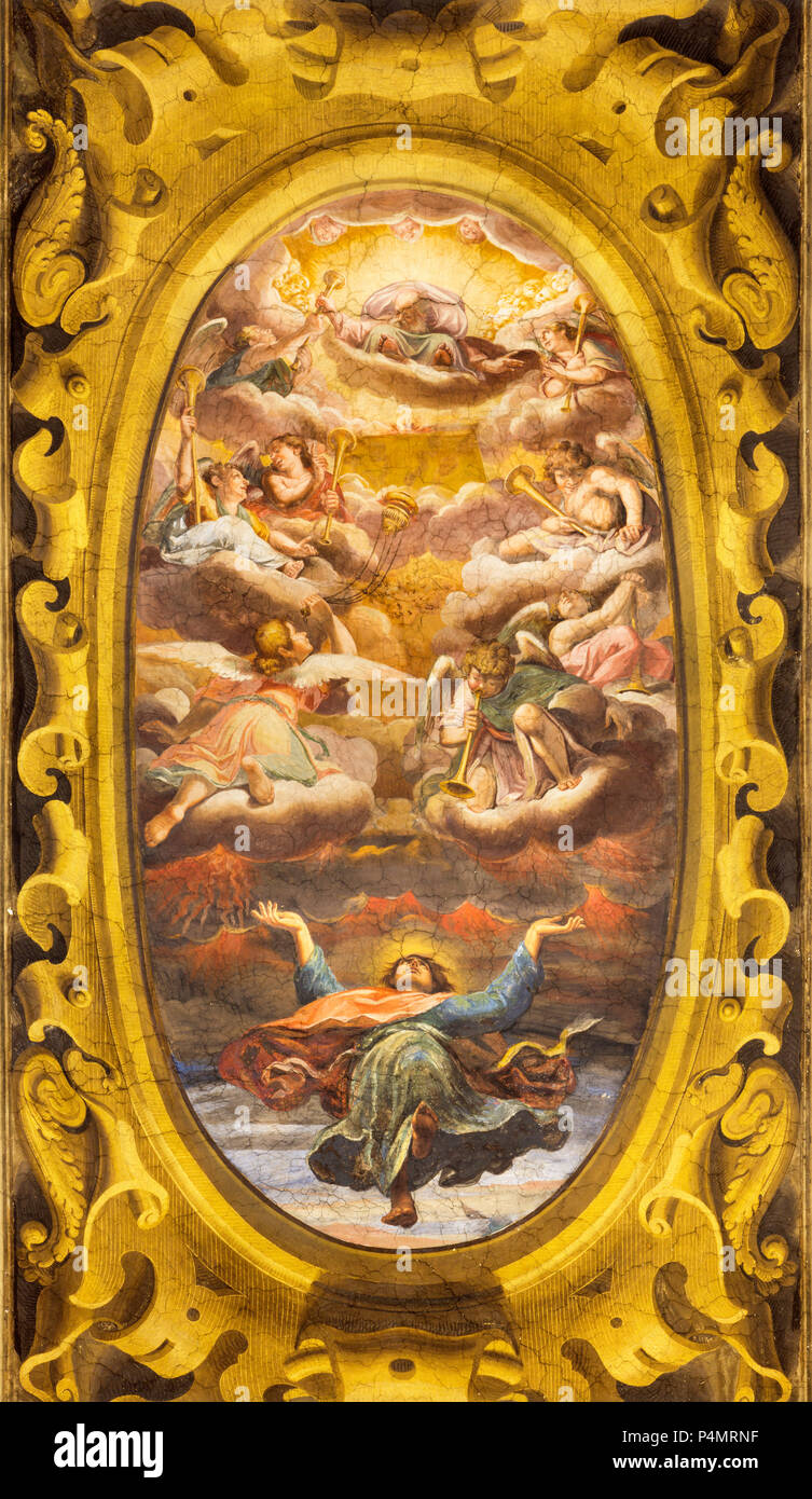 REGGIO EMILIA, Italia - 13 Aprile 2018: l'affresco di apoteosi di San Giovanni Evangelista nella Chiesa di San Giovanni Evangelista Foto Stock