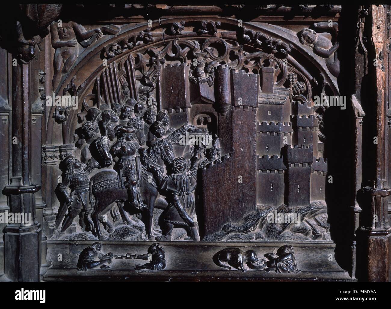 SILLERIA BAJA DE LA CATEDRAL DE TOLEDO - TOMA DEL REINO DE GRANADA - 1489-1495 - GOTICO ESPAÑOL. Autore: Rodrigo Alemán (1470-1542). Posizione: CATEDRAL-CORO BAJO, TOLEDO, Spagna. Foto Stock