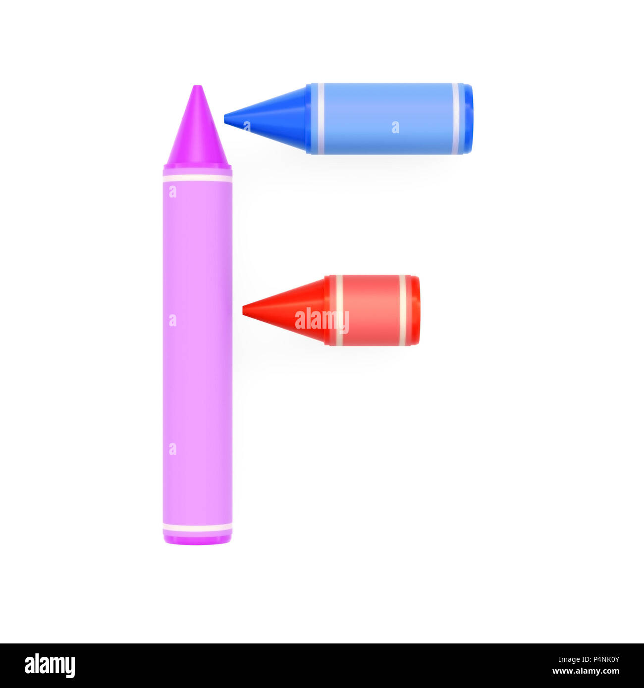 La cera colorata pastelli assemblato come la lettera maiuscola F su sfondo bianco, rendering 3D immagine font per l'istruzione, l'arte e la tipografia infantile Foto Stock