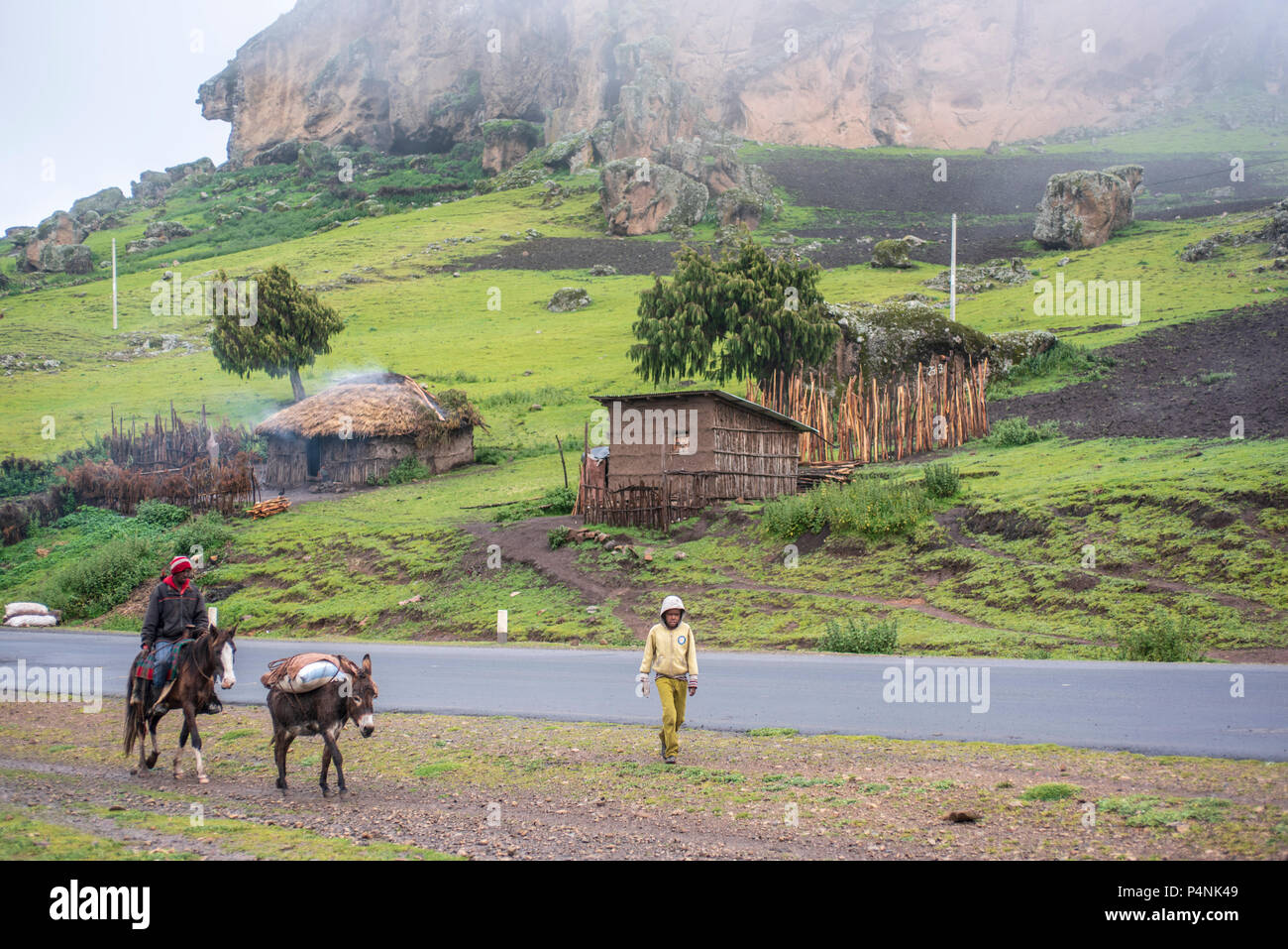 Uomo a cavallo con asino in Bale Mountains National Park, Etiopia Foto Stock