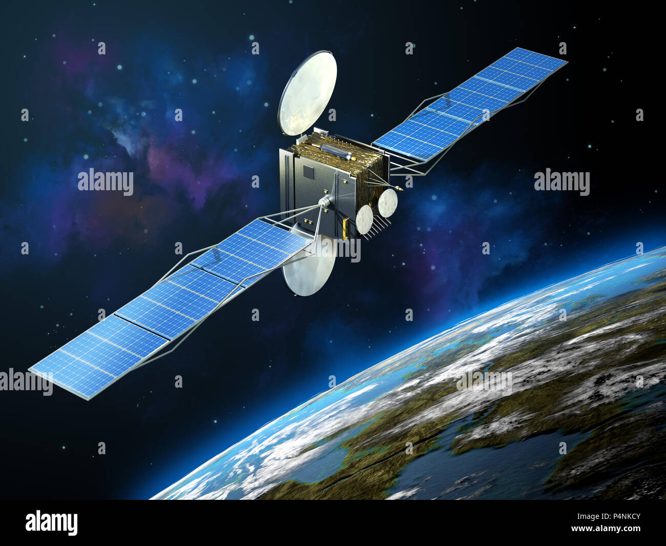 La comunicazione moderna tv fluttuante nello spazio vicino alla terra. 3D'illustrazione. Foto Stock