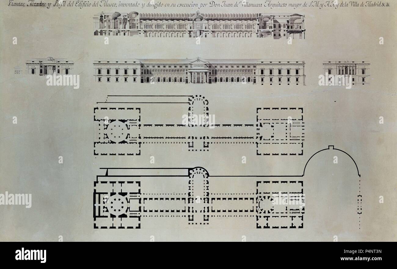 Progetto del Museo di Prado - Elevazione del 4 facciate e piani. Plano del museo del Prado - Alzado de las 4 fachadas Plantas y. Madrid, El Prado. Autore: Juan de Villanueva (1739-1811). Posizione: Il MUSEO DEL PRADO-DIBUJOS, MADRID, Spagna. Foto Stock