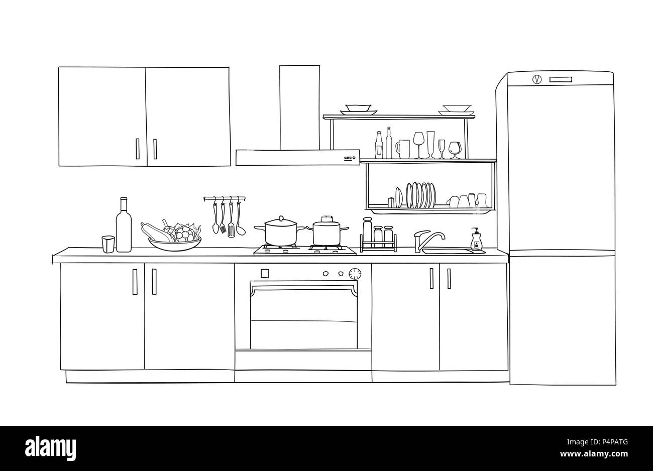 Schizzo interno della camera con cucina. Schema progetto ...