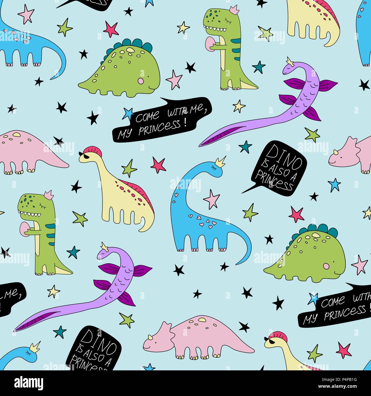 Dino è anche principessa vector pattern seamless cartoon sfondo dinosauro Illustrazione Vettoriale