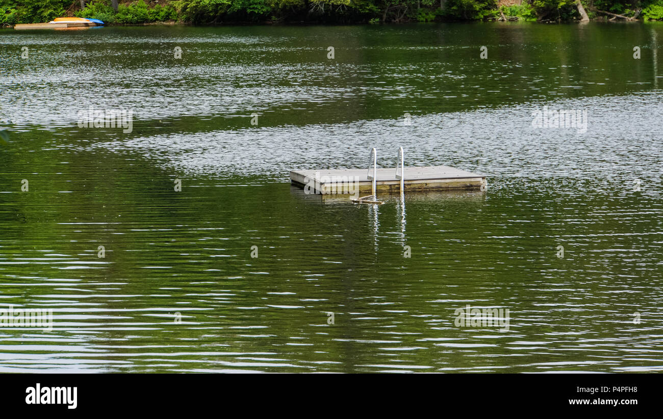 Nuotare in legno zattera con scaletta galleggiante su un lago Foto Stock