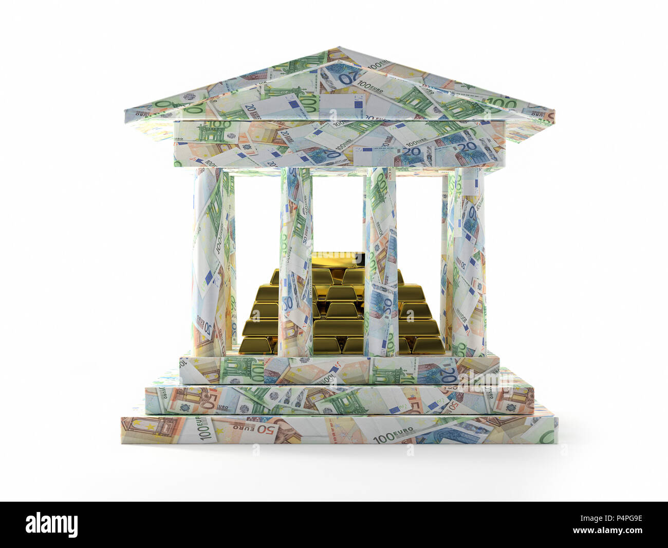 3D render di banca struttura colonnare avvolto intorno con le banconote in euro e la pila di lingotti d'oro Foto Stock