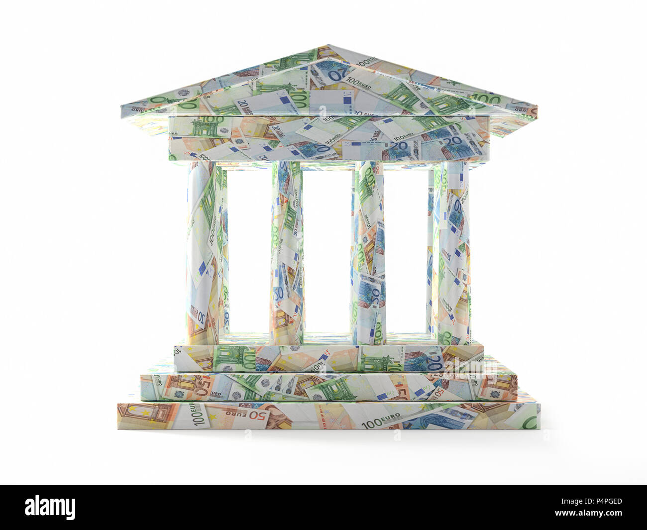 3D render di banca struttura colonnare avvolto intorno con le banconote in euro Foto Stock