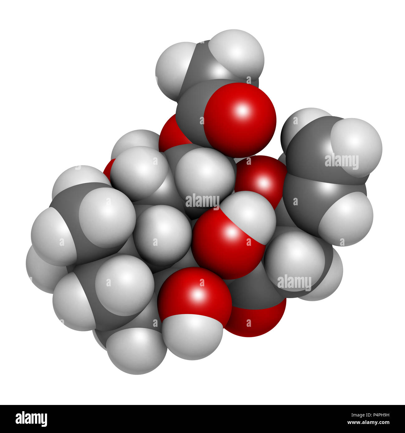 Il Forskolin (coleonol molecola). Attiva l'enzima adenil ciclasi, risultante in un aumento dei livelli di cAMP. Il rendering 3D. Gli atomi sono rappresentati come sp Foto Stock