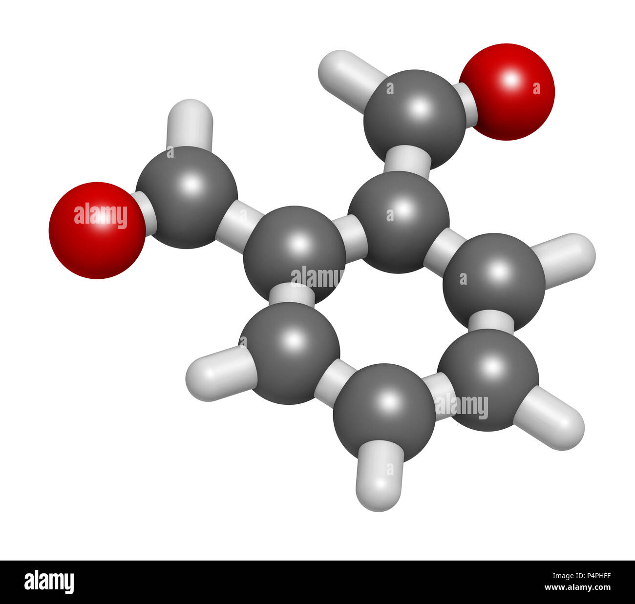 Ftalaldeide (orto-ftalaldeide, OPA) molecola di disinfettante. Il rendering 3D. Gli atomi sono rappresentati come sfere convenzionale con codifica colore: IDR Foto Stock