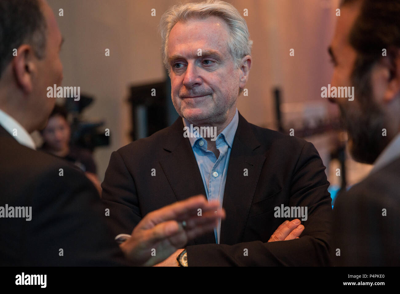 Santiago Creel, membro dell'Azione Nazionale Partito (PAN) parla alle persone a un evento denominato ÔCandidates MX Vision 18/24Õ ospitato dal Financiero e Bloomberg, giovedì 24 maggio, 2018 a Città del Messico. Foto Stock