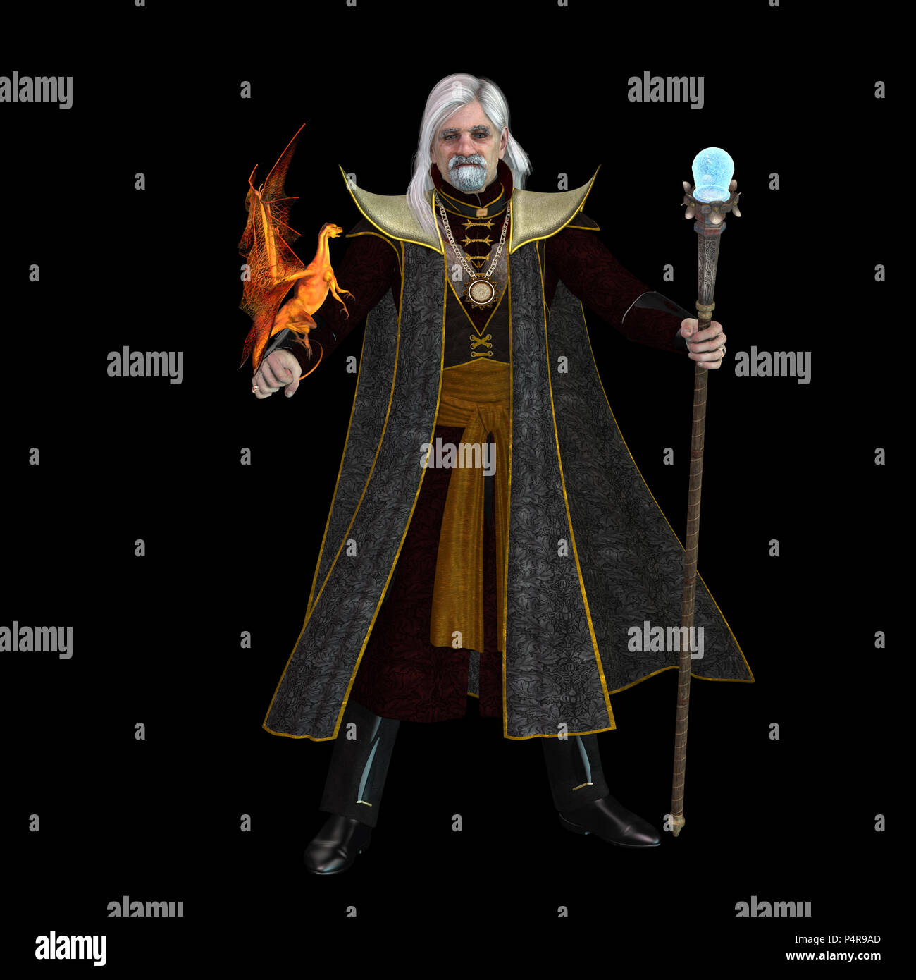 Magic guidata sul nero - un magico Wizard mantiene il suo golden pet alato drago e il suo staff sorceror a excecute incantesimi. Foto Stock