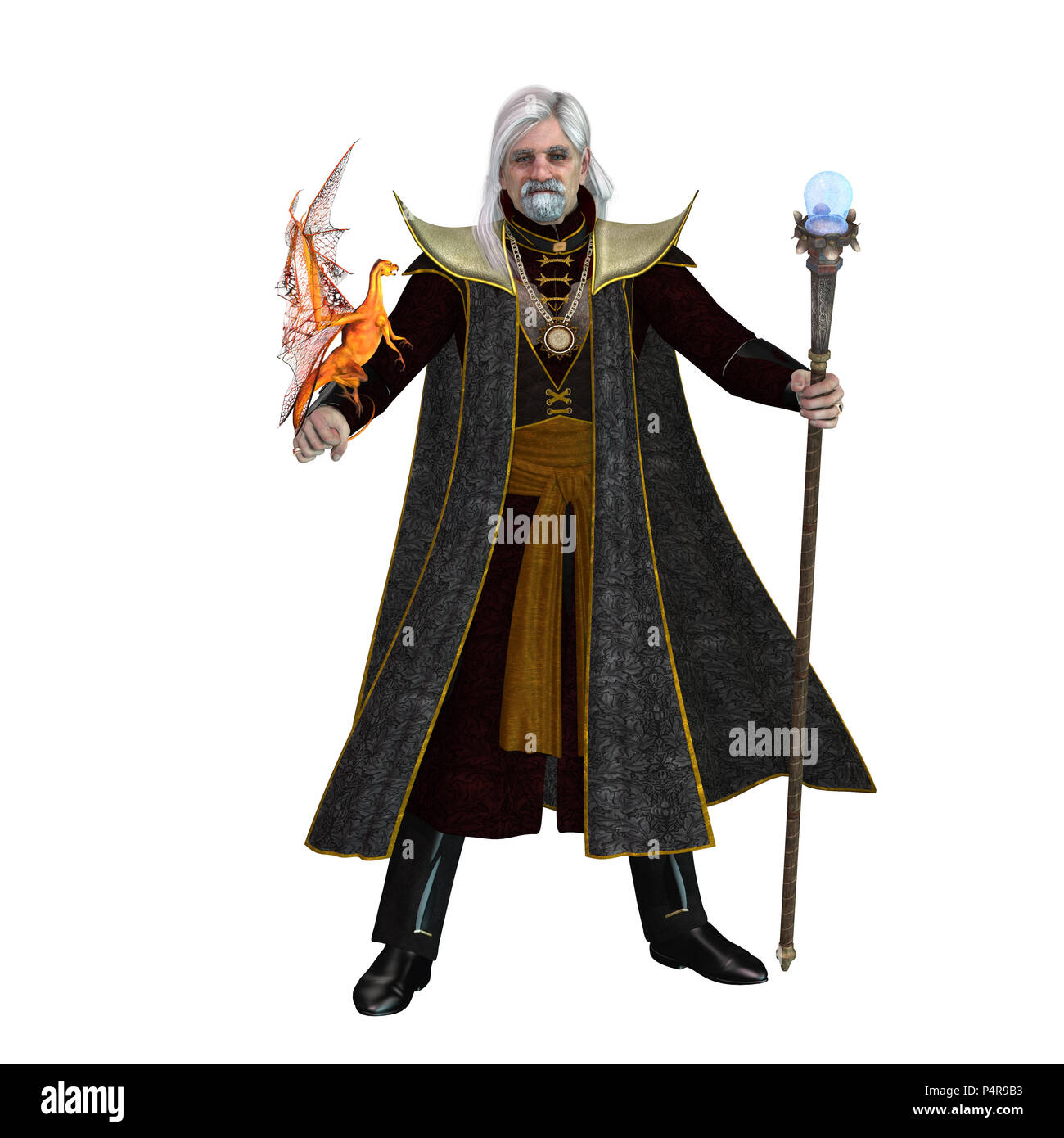 Magic guidata su bianco - un magico Wizard mantiene il suo golden pet alato drago e il suo staff sorceror a excecute incantesimi. Foto Stock